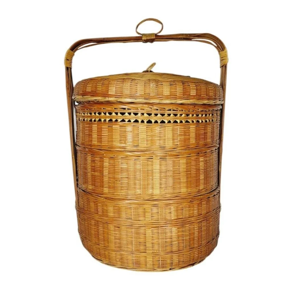 Vintage 1940s Boho Chinese Stacked Wicker Nesting Triple Storage Wedding Basket